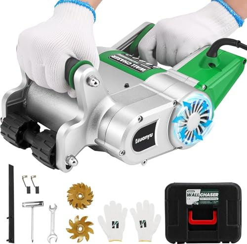 Wall Chaser Cutting Machine, 1100W Electric Wall Grooving Cutting Machine, 1600rpm Wall Groove Cutting Machine with 25mm+35mm Blades, Slotting Machine for Brick Granite Marble Machine+25MM head