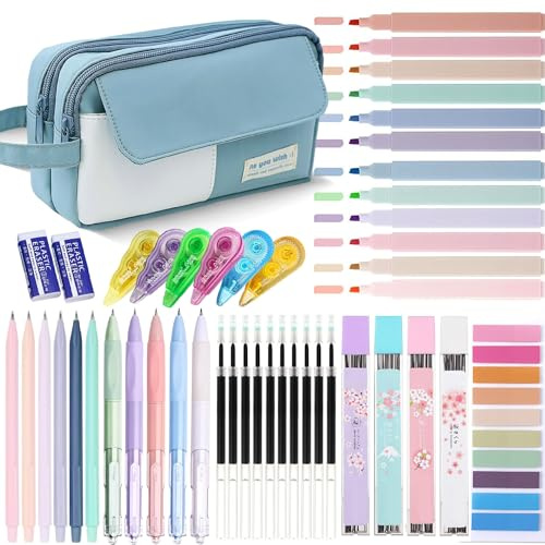 Set da 42 pezzi di astuccio con grande capacità e materiale scolastico estetico, 12 evidenziatori pastello, 5 pennarelli gel con inchiostro nero, 6 matite, set di cancelleria (Blu)