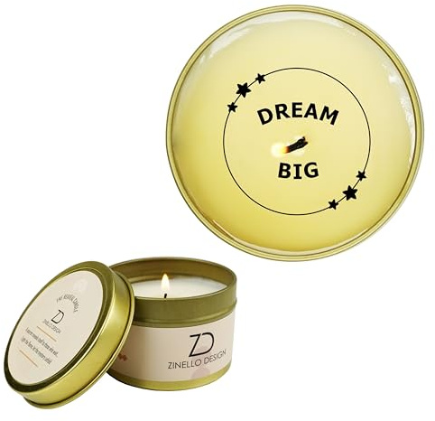 ZINELLO DESIGN – Candela Profumata “Dream Big” in cera di soia – Messaggio nascosto rivelato dalla fiamma – Idea regalo motivazionale per donna, adolescente, collega, successo – Benessere, ispirazione