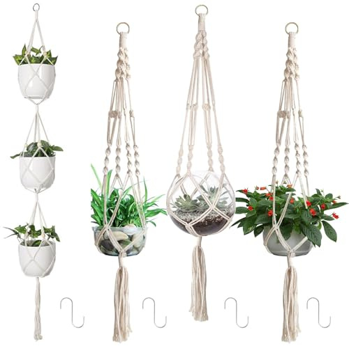Makramee Blumenampel Hängeampel - 4 Stück Boho Deko Pflanzenauf, Blumenampel hängend Innen, Blumentopf Hängend mit Baumwollseil für Innen Außen Garten Wohnzimmer Balkon Fenster Balkone Wanddekoration