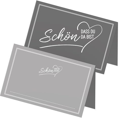 itenga 48x Tischkarten „Schön, DASS du da bist“ V2 – Platzkarten Namensschilder – 9 x 5 cm – ideal für Hochzeit, Taufe, Geburtstag, Feier – 13 Farben verfügbar (grau)