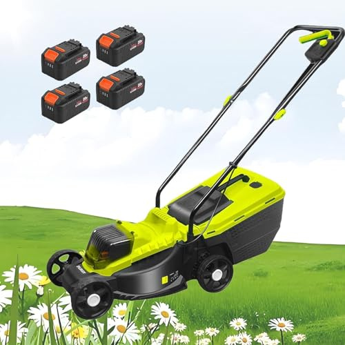 Cortadora De Césped Eléctrica Inalámbrica Con Motor Sin Escobillas 40V 4Ah, Ajuste De Altura De 3.ª Marcha (30/50/70 Mm), Autonomía 50 Min, Cortadora De Césped Manual a Batería Para Jardín,Battery*4