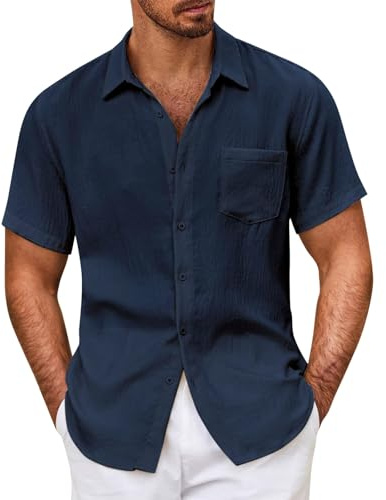 Uwdiohq Chemise à Manches Courtes pour Hommes décontractée, Couleur Unie, Tendance, Poches Amples, Boutons Grands Et Polos pour Chemise Homme Bleu Homme Ete Leger De Plage Lin Manche Courte
