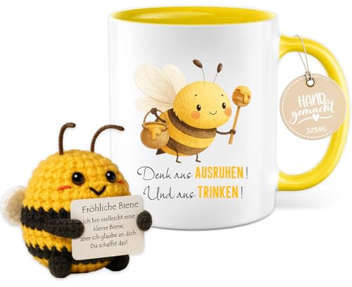 Farbeele Einschulung Tasse Junge Mädchen, 325ml Tasse mit Strick-Deko Fröhliche Biene Glücksbringer, Geschenk für Frauen Männer Kinder, Geburtstag, Einschulung, Kindergarten, Prüfungsgeschenk