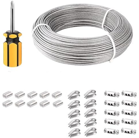 NEWFUN Steel Cable 3 mm, 50 m Wire Rope 3 mm Stainless Steel Wire Rope 7 x 7 with Crimp Sleeve, Thimble, Fence Tension Wire, Wire Rope for Hanging Outdoor Lamps