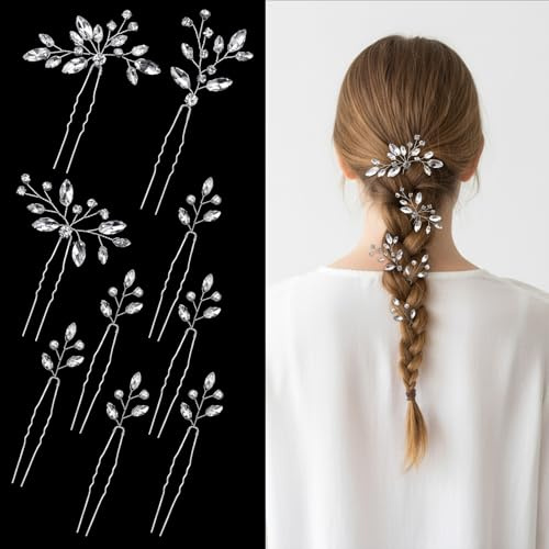 DOPENSPI 9 PCS Bride Wedding Hair Pins, Rhinstones Bride Hair Pins Bridal Crystal Hairs Accessories HairJewelry Wedding Silver HairPiece for Women Girls Brides Bridesmaids