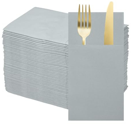 QUARKZMAN 50 Stück Wegwerf-Servietten Aus Leinenoptik Hellgrau | Papierservietten, Mit Integrierten Besteck-Taschen, Für Messer Und Gabeln, Handtücher Für Hochzeitsfeier