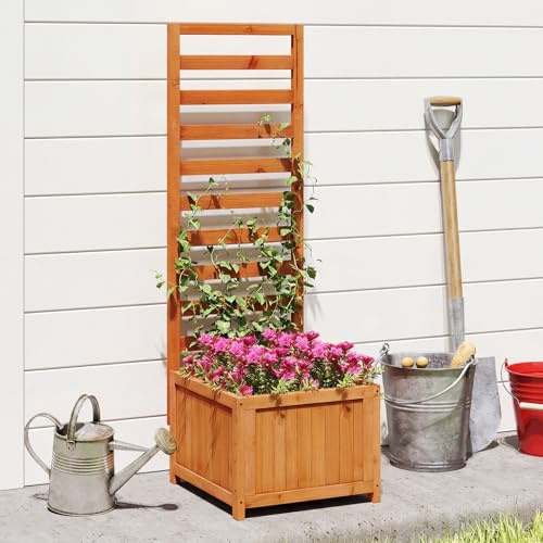 FANTASK Hochbeet mit Rankgitter, 42,5 x 40,5 x 123 cm, Blumenkasten mit Spalier, Liner & Ablauflöchern, Pflanzkasten für Kletterpflanzen, Gartenspalier Rankkasten Holz (Orange)