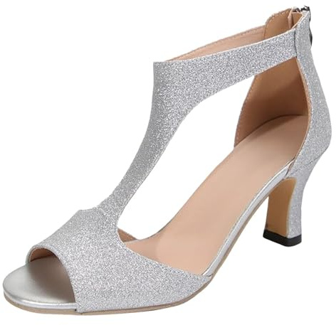 Dam glitter kattunge klacksandaler T-rem öppen tå kväll fest bröllop gästskor eleganta mellanklack klänning sandaler med dragkedja bak