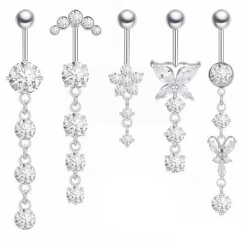 5 Stück Bauchnabelpiercing Silber Set,Chirurgenstahl Hypoallergen für Damen | 316L Edelstahl, 10mm Stablänge Lang Hängend mit Zirkonia, Schmetterling, Herz & Blumen-Anhänger, Wasserdicht