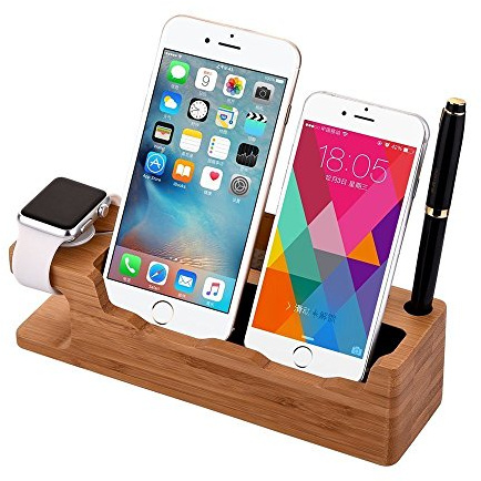 XPhonew Bambus Ladestand Aufladung Docking Station/Cradle/Halter/Ladegerät Stand/Handy Halterung kompatibel mit iPhone 16 15 14 13 Pro Max Apple Watch Ulrta 10 9 8 7 6 5 4 3 iWatch Smartphones