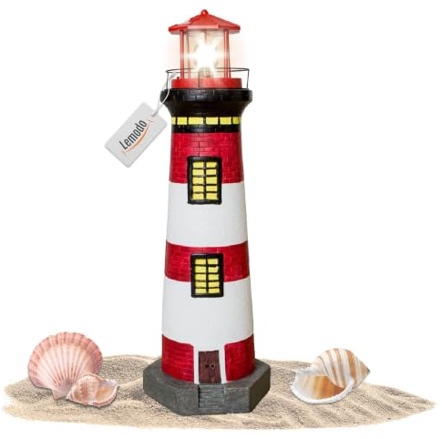 NATIV LEMODO Gartendeko Leuchtturm 83cm hoch | Handbemalte Gartenfigur mit solarbetriebenem, rotierendem Leuchtfeuer | Maritime Außendeko mit LED Beleuchtung