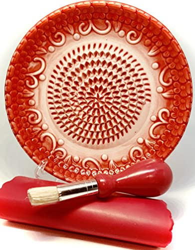 BonCera, Premium Ceramic Garlic Grater Plate Set - Red Embossed | All-in-One 4-Piece Set includes 5.25 Plate, Peeler, Brush, and Stand - For Garlic, Ginger, Fruits, Strawberries, and more!