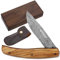 YOUSUNLONG Couteau de poche Damas - Couteaux pliants de survie Lame Damas de 86 mm (185 mm au total) Transport extérieur - Manche en bois d'olivier naturel avec étui en cuir