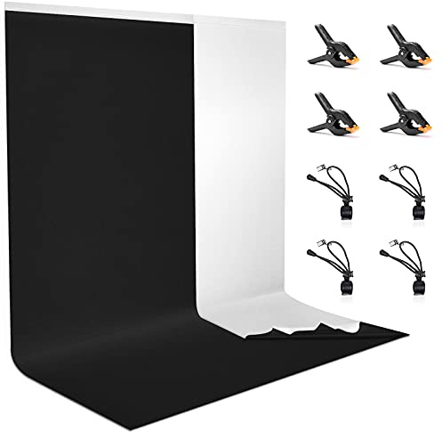 Vevelux 2x3M Schwarz/Weiß Foto Hintergrund mit 8 große Studio Klemmen | Foto Hintergrund aus 100% Polyester mit 4 große Studio Klemmen & 4 Tarp Clip, für Fotostudio, Video und Fernsehen
