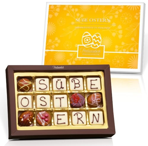 Pralinenbote Genussmanufaktur – Ostergeschenk mit 15 handgefertigten Osterpralinen deutscher Chocolatiers, das Pralinen Geschenk zu Ostern, 190g (Frohe Ostern, 15 Pralinen)