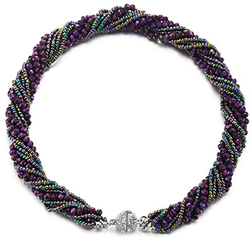 COOLSTEELANDBEYOND Viola Scuro Statement Pendente Multi Strati Perline Cristallo Intrecciato Catena Girocollo Choker Chiusura Magnetica