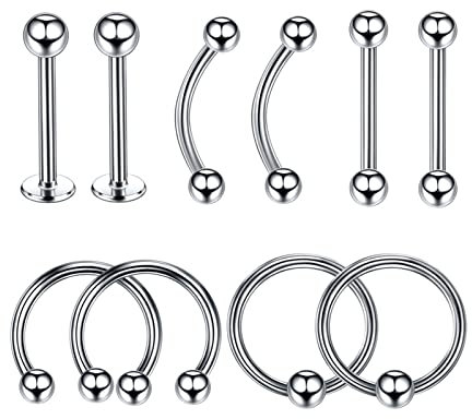 Aotiwe 10 Stück Nase Septum Piercing Magnet, Nasenring Piercing Dünn Silber C Form und Hoop Piercing Set 1,2 X 6 mm Edelstahl