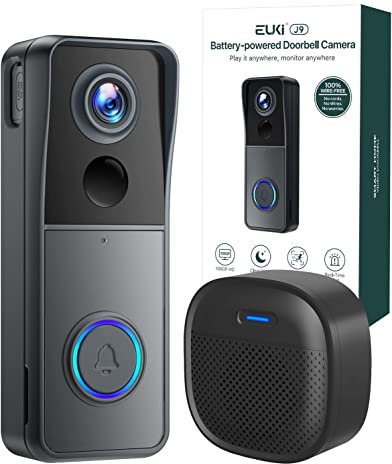 EUKI Doorbell Camera Wireless with Chime, 2K HD Video Doorbell No Monthly Fee, PIR Motion Detection, Night Vision, 2-Way Talk, Battery Powered, 2.4GHz WiFi, IP66, Cloud/Local SD Storage