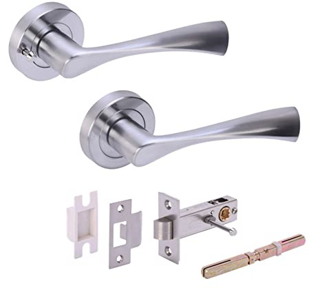 Hunta HANDLEZONE® Zena Privacy Lever On Round Rose Door Handles, with Privacy Latch, for Bathroom, Toilet, WC Doors, 1 Set - Satin Chrome