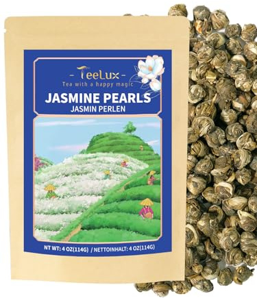 TeeLux Jasmine Pearls Green Tea, Handrolled Green Tea Loose Leaf with Delightful Aroma, Natural Jasmine Dragon Pearl Tea, 114g/4oz