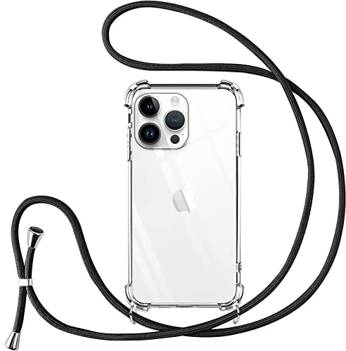 Vauki Cover con Cordino per iPhone 13 Pro,Custodia con Laccio Collana Tracolla Trasparente Silicone TPU+PC Bumper Back Antigraffio Proteggere Case Corda per iPhone 13Pro, Nero