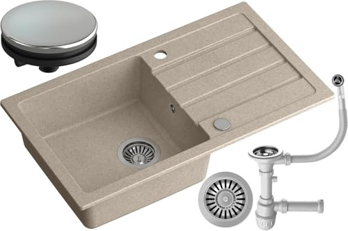 MyQ Fregadero de granito | tamaño: 77 x 44 x 17,5 cm, color: beige | SEUL 11 Fregadero de cocina Fregadero de una cubeta con escurridor y sifón manual | para armarios a partir de 50 cm