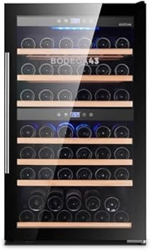 BODEGA43-64F Weinkühlschrank Freistehend - Weinkühlschrank 2 Zonen, 195 Liter, 64 Flaschen, 7 Regaleinschübe, Vollglastür mit UV-Filter, sehr Leise (40 dB) und sehr vibrationsarm