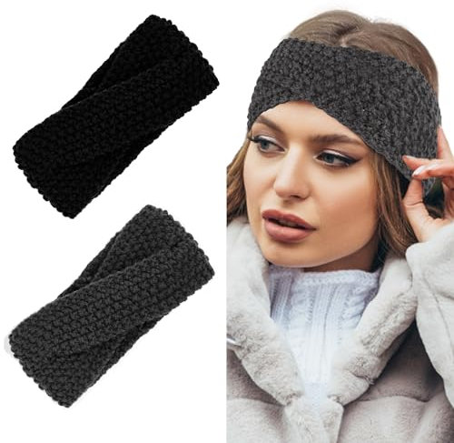 TERSE Winter Stirnbänder für Frauen, 2 Stück Elastische Mode Haarband Ohrwärmer Breit Turban Gestrickt Verdicken Headwrap Kopfband für Frauen Mädchen Skifahren