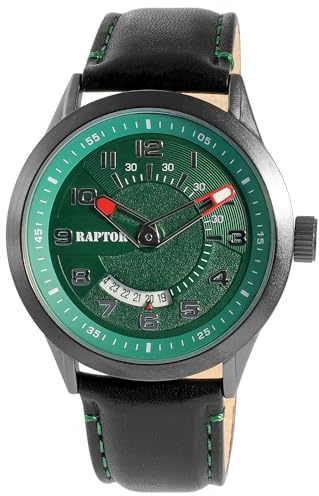 Raptor Yava Herren-Uhr Leder Dornschließe Datum Analog Quarz Geschenk Vatertag Geburtstag Weihnachten (schwarz grün)