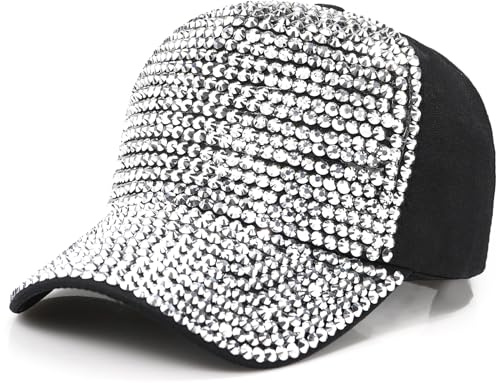 MESU Femmes Casquette de Baseball Clouté Strass Crystal Baseball Cap Glitter Sun Hat Argenté