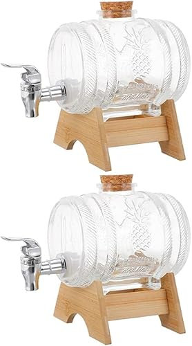 2 Sets 1kg Glass Beverage Dispenser with Leak Free Spigot Wood Stand Glass Drink Barrel for Outdoor Party Cold Drink Wine Juice