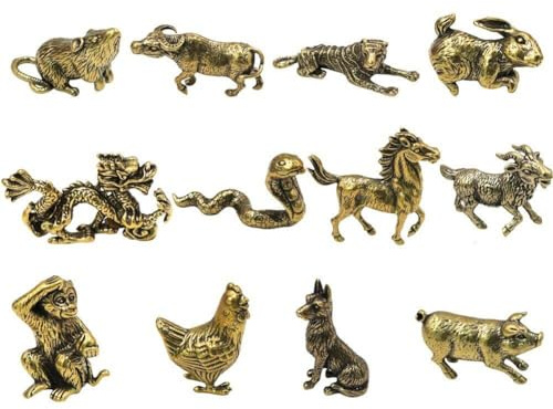 Tsffae Figurines d'animaux du Zodiaque Chinois en Cuivre, 12 Pièces/Ensemble, Ornements Vintage Feng Shui, Sculptures d'animaux, Décorations De Table du Nouvel an Chinois