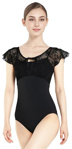 s.lemon Maillot Ballet Mujer,Bailarina Práctica Maillot Baile Danza con Encaje Manga Corta Negro 175