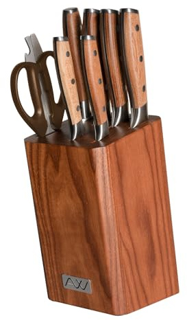 Rockingham Forge Ashwood 8 Piece Knife Block Set, Stainless Steel Blade, Natural Wood Handle