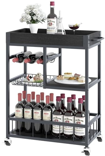 Huhote Serveringsvagn, Köksvagn med Vinregal, Barvagn, Drycksvagn, Rullvagn med Hjul, Vinvagn för Matsal, Kök, Vardagsrum, Bar, Fest, Svart Trämönster
