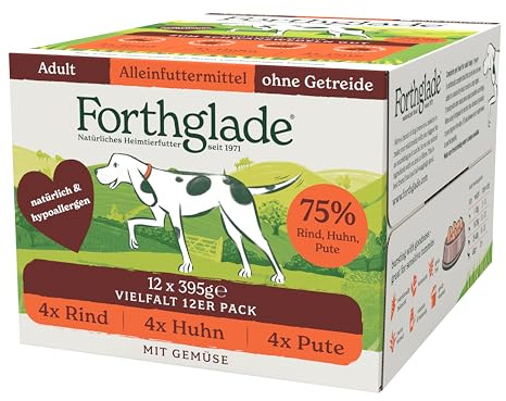 Forthglade Nourriture Humide pour Chiens (Paquet Mixte, 12 x 395 g) - Nourriture sans céréales avec bœuf, Dinde ou Poulet et légumes pour Chiens Adultes à partir de 1 an - Nourriture hypoallergénique