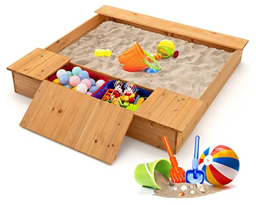 GYMAX Wooden Kids Sandbox, Outdoor Children Sandpit with Bench Seat & 2 Removable Boxes, 125x122x19cm Garden Sand Box for Backyard Beach
