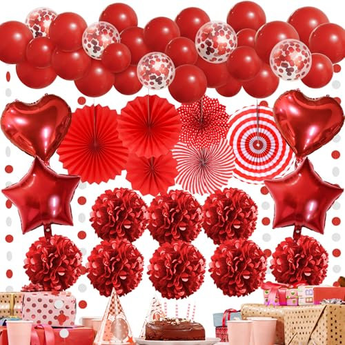 Premium Rot Partydeko - Papier Fächer, Pompons, Luftballon, Party Deko für Frauen, Hochzeit Geburtstag Party Deko, Happy Birthday Dekoration, Valentinstag Deko, Weihnachtsdekoration