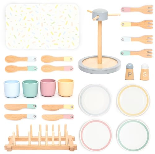 UMU Grande set di stoviglie in legno – Servizio da tavola da 28 pezzi per cucina bambini con piatti, tazze, posate e supporto – accessori da cucina per cucina giochi – stoviglie gioco di ruolo a