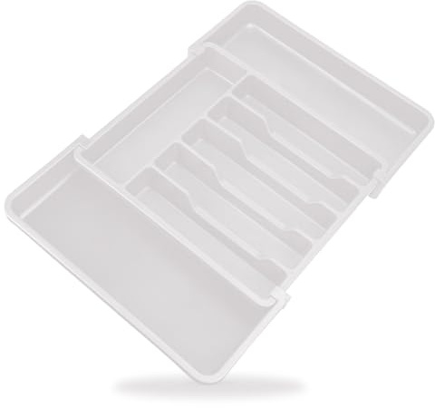 AMMEWORLD Expandable Cutlery Tray - Adjustable Cutlery Drawer Organiser for Forks, Spoons and Knives - Plastic Utensils Divider with 8 Compartments - Compact Kitchen Drawer Organiser (White)