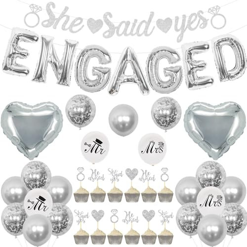 Engagement Party Decorations Silver, She Said Yes Banner, Glitter He Asked She Said Yes Cupcake Toppers, Heart Foil Balloons, Mr Mrs Printed Balloons for Engagement Wedding Bridal Shower Supplies