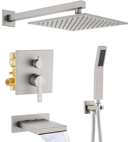 Shower System with Tub Spout, All Metal Bathtub Shower Faucet Set with High Pressure 10 Inch Rain Shower Head and Handheld Shower Head Set, Brushed Nickel (Valve Include)