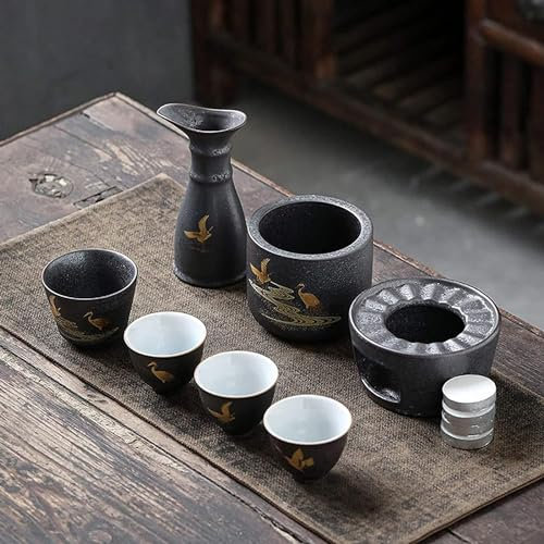 TLTDSMYF Set da sakè e Tazze con scaldavivande Set di Tazze da sakè Giapponesi da 7 Pezzi con scaldavivande, per Natale, Compleanni e anniversari, Foglie Dorate