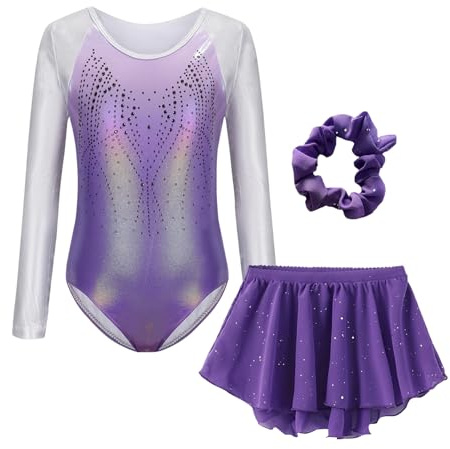 SEAUR Girls Long Sleeve Gymnastics Leotard Unitard with Skirt 3 Piece Shiny Ballet Dance Dance Sports Bodysuit Biketard Outfit Purple 5-6 Years
