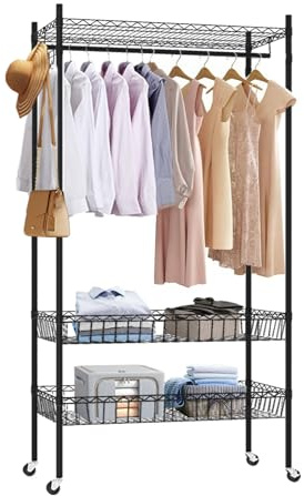 Goauwii Ausziehbare kleiderstange mit Zwei Körben, Kleiderständer mit Rollen, Schwerlast Kleiderständer, Freistehender Kleiderschrank mit Aufhängestangen und Haken,80 * 39 * 180 cm,Schwarz.