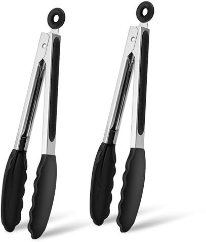 2PCS Pinzas de Cocina Silicona, 26cm, Pinzas Alimentarias con Punta de Silicona, Utensilios de Cocina Resistentes al Calor, Pinzas para Alimentos en Acero Inoxidable para Barbacoa, Freidora de Aire
