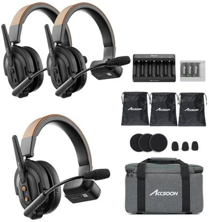 Accsoon Como SE 3-Person Wireless Intercom Headset System 1 Host 2 Remote, 2.4GHz Full-Duplex with Flip-to-Mute, 30H+ Hour Battery Life for Crew Communication Group Talk