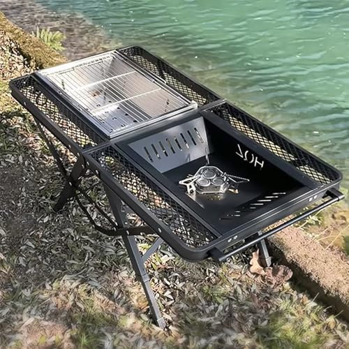 Table de camping pliante – Station de cuisson portable en aluminium avec gril/cuisinière à gaz et sac de transport pour pique-nique, barbecue, camping-car, voyage – Installation facile et rapide