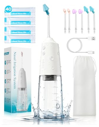 Nasal Irrigation System with 40 Saline Packets, 15s Quick Relief, Nettie Pot Sinus Rinse with 4 Speeds, 1000mah USB-C Charging, 6 Nozzles for Kid Adult, IPX7 Waterproof, Congestion Pressure Relief